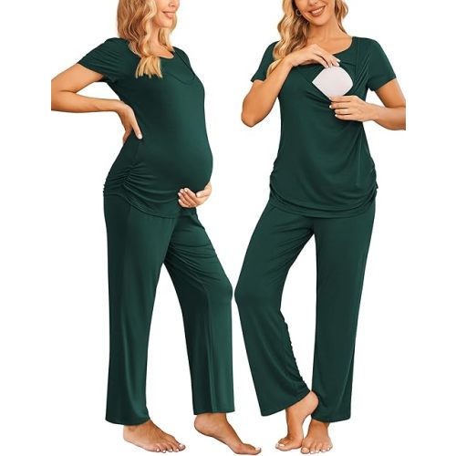 Ekouaer Women Maternity Nursing Pajama Set Breastfeeding Sleepwear Set Short Sleeve Top & Pants Postpartum Pajamas