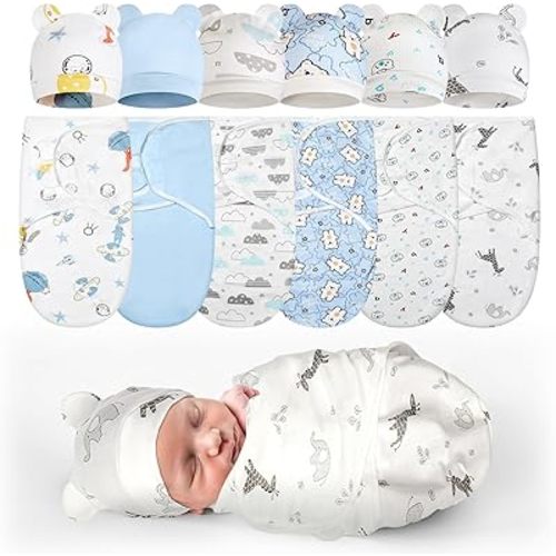 Ramede 6 Pack Preemie Swaddle Blanket with Hats Sleep Swaddle for Baby Boy Girl Preemie Newborn Sacks Soft Cotton Wearable(Animal,Blue)