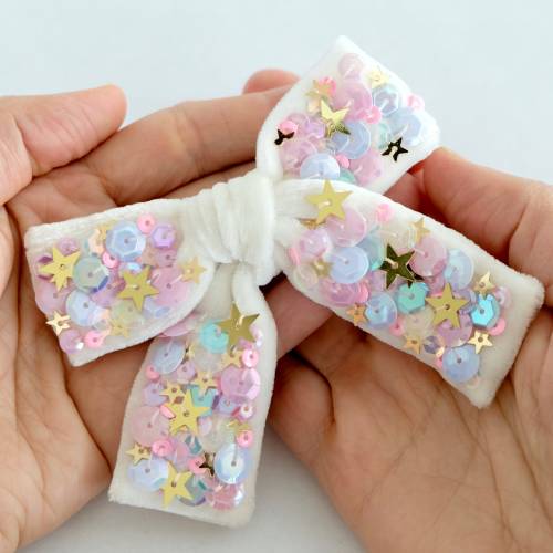 Sequin Hair Bow with Stars - Pastel Blue and Pink Velvet Hair Bow - Bow Hair Clip Gift for the Holidays