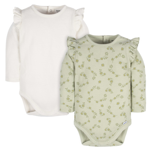 Gerber Baby Girl Long Sleeve Onesies Bodysuits, 2-Pack, Newborn - 12M