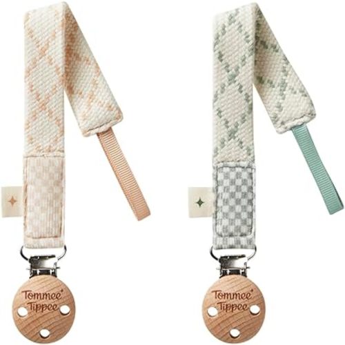Tommee Tippee Pacifier Clip, Compatible with Any Pacifier, 0+ Months, Organic Cotton, Loop-On Design, Natural Beech Wood and Stainless Steel Paci Clip, Cream and Green, Pack of 2
