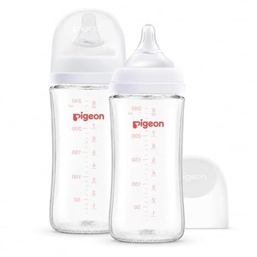 Pigeon Glass Nursing Bottle Wide Neck, Anti-Colic, Streamlined Body, Natural Feel, Easy to Clean, Heat-Resistant, 5.4 Oz (Pack of 2), Includes 2pcs SS Nipples (0m+)