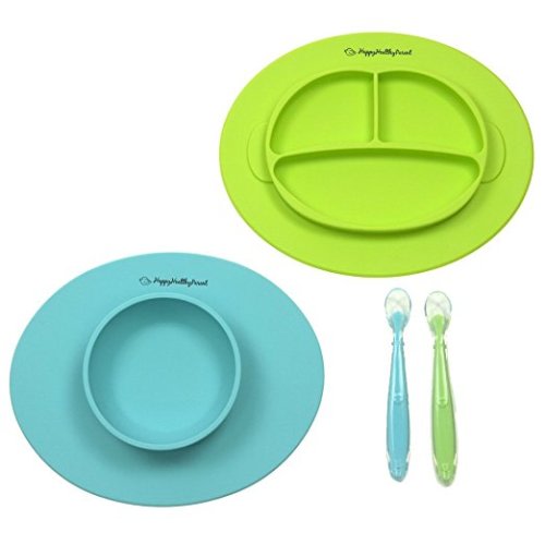 Silicone Bowl and Silicone Plate Easily Wipe Clean - Self Feeding Set Reduces Spills - Spend Less Time Cleaning After Meals with a Baby or Toddler - Set Includes 2 Colors (Turquoise/Lime Green) - Turquoise / Lime Green