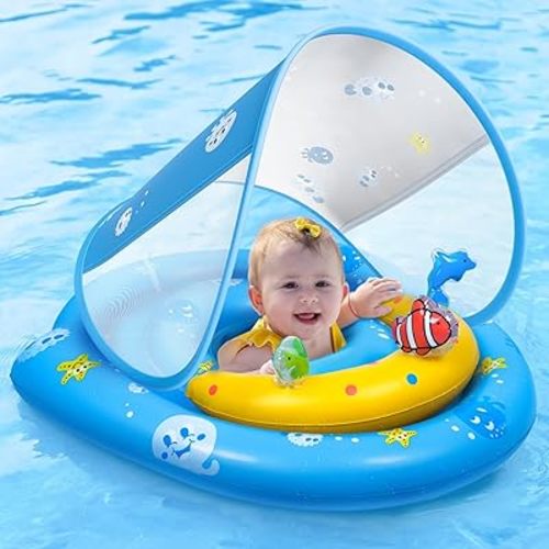 Baby Pool Float - Inflatable Infant Pool Float with Canopy UPF50+ Sun Protection - Baby Swimming Float Toy Play Console for 6-36 Months Toddler-Bule