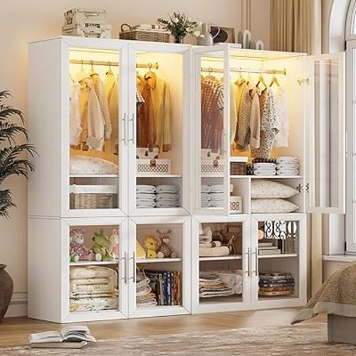 PAKASEPT Armoire Wardrobe Closet Door, Bedroom Closet Wardrobe Cabinet with Hanging Rod, Lighted Freestanding Armoire Storage Cabinet for Bedroom Cloakroom White (White&Full Glass Door)