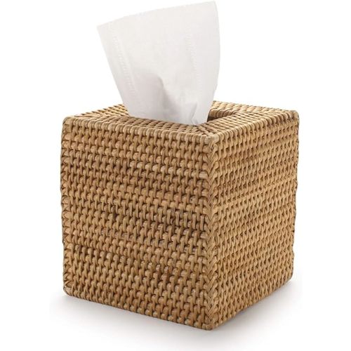 Rattan Tissue Box Cover Natural Woven Facial Napkin Holder Square (Natural, 5.5x5.5x5.9 Inch)