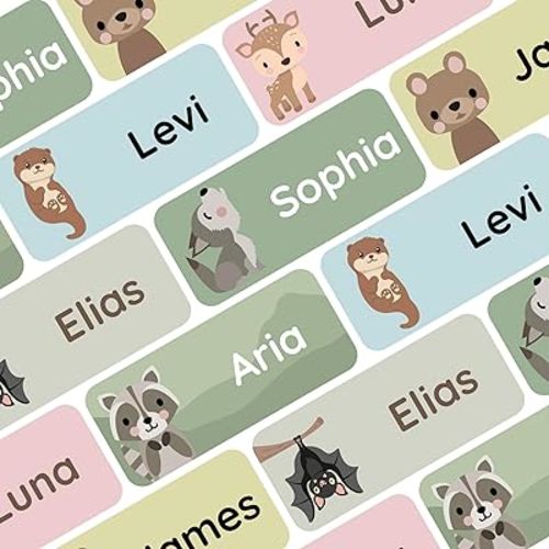 Personalized Name Labels for Kids (60) – Waterproof and Durable Clothing Labels for Kids, Labels for School Supplies, Stickers for Nursery, Daycare, and Preschool - Forest Animals