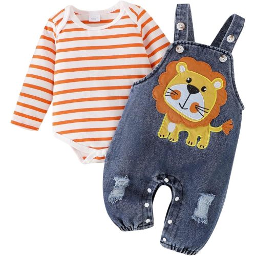 Baby Boy Clothes Newborn Long Sleeve Romper Cartoon Animal Jeans Suspender Overalls Jumpsuit Fall Outfits 0-18 Months