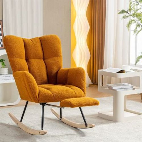 Orange Bouclé Upholstered Rocking Chair with Adjustable Leg Rest, High Back Nursery Lounge Chair with Wood Legs – Maison Boucle
