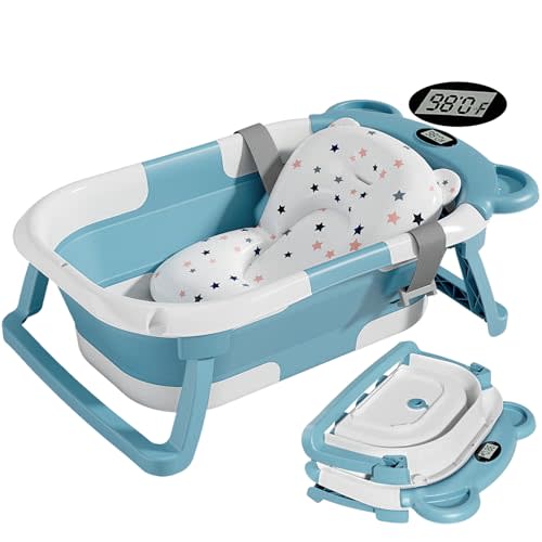 TPN Collapsible Baby Bathtub for Infants to Toddler with Real-time Temp Monitor+Floating Cushion,Foldable Baby Bath Tub Set Applicable 0-36 Month,Perfect Portable Travel Baby Tub for Newborns Girl