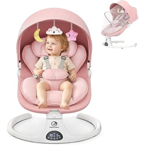 Baby Swings for Infants, Smelluck Baby Swing, Portable Electric Swing with Upgraded 3 Adjustable Backrest, 12 Preset Melodies, 5 Speeds, Remote Control and Bluetooth, Indoor and Outdoor Use
