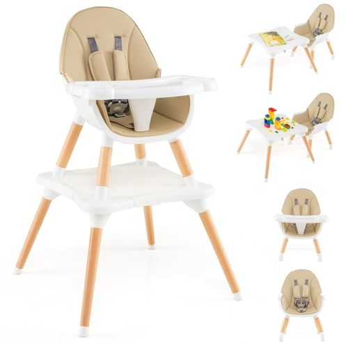 HONEY JOY Baby High Chair, 6-in-1 Convertible Wooden Highchair for Babies and Toddlers/Table Set/Toddler Chair with Safety Harness, 4-Position Removable Feeding Tray (Khaki)