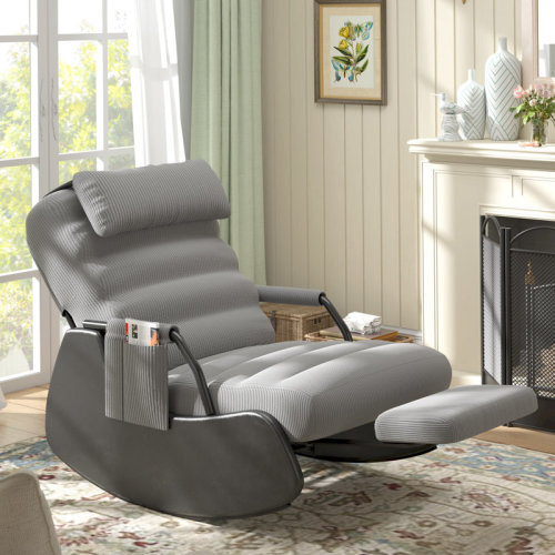 Ebern Designs Polar Aurora Nursery Rocking Chairs with Soft Seat and Headrest,Corduroy Fabric Accent Chair with Side Pocket,Glider Rocking Chair for Bedroom/Living Room/Nursery(Dark Grey/Black) | Wayfair