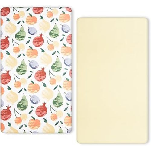 TILLYOU Baby Crib Sheets Boy Girl, 2 Pack Fitted Standard Mattress Sheet, Soft Breathable Toddler Bed Sheets 28x52in(Fruit Shadow)