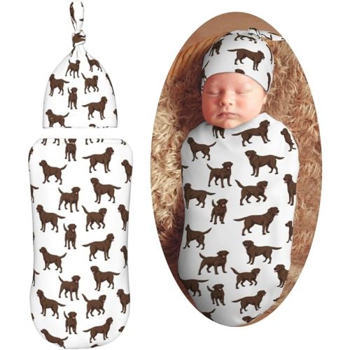 Chocolate Labrador Dog Newborn Swaddle Blankets Hat Sets Soft Baby Receiving Blanket Swaddle Sack for Baby Shower Infant Boy Girl Gift