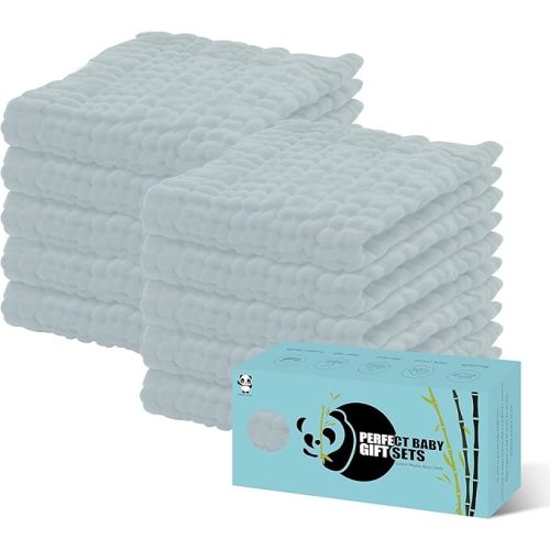 HIPHOP PANDA Muslin Burp Cloths, 10 Pack - Large 20" X10" - Ultra Absorbent and Soft 100% Cotton Baby Essentials Drool Rags and Messes for Newborn - ​Colorful Designs for Boy Girl, Pacific Blue