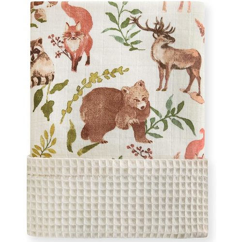 LifeTree Waffle Swaddle Blankets Neutral, Woodland Animals Baby Muslin Crib Stroller Blanket Swaddling Nursery Receiving Blanket for Boys & Girls Unisex Newborn, Muslin Front and Waffle Backing