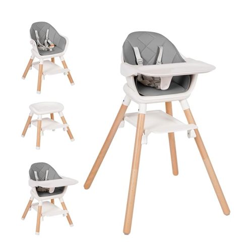 Komcot High Chair, 6 in 1 Wooden Convertible High Chairs for Babies and Toddlers, Booster Seat with Double Tray & Reversible Footrest Baby Highchair, 5-Point Harness Baby Feeding Chair, Grey