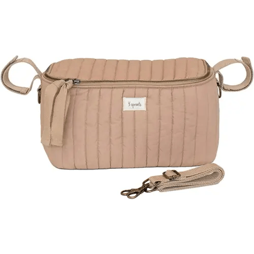 3 Sprouts Universal Quilted Stroller Organizer with Cup Holder and Zip Top - Durable Stroller Caddy Accessory with Storage - Shoulder Strap Converts Organizer to Small Diaper Bag - Clay