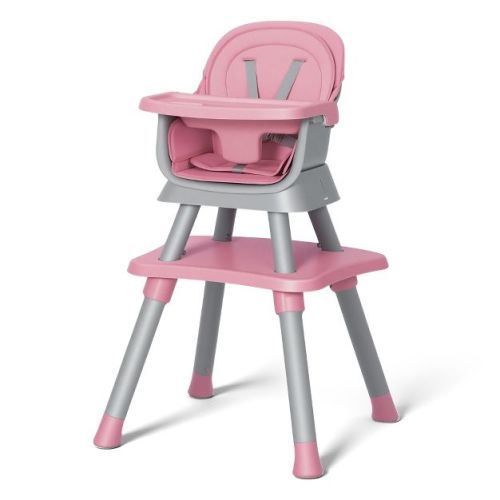 TODECARE Baby High Chair, 8 in 1 Convertible Highchair for Baby& Toddler, Booster Seat, Safety Harness, Removable Tray, Gray & Pink