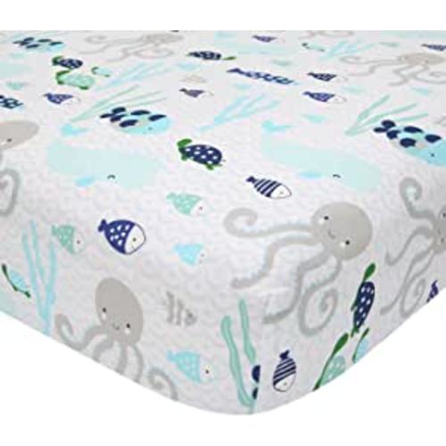 Amazon.com: Lambs & Ivy Oceania 100% Cotton Fitted Crib Sheet - White with Blue Nautical/Aquatic Fish and Octopus : Baby