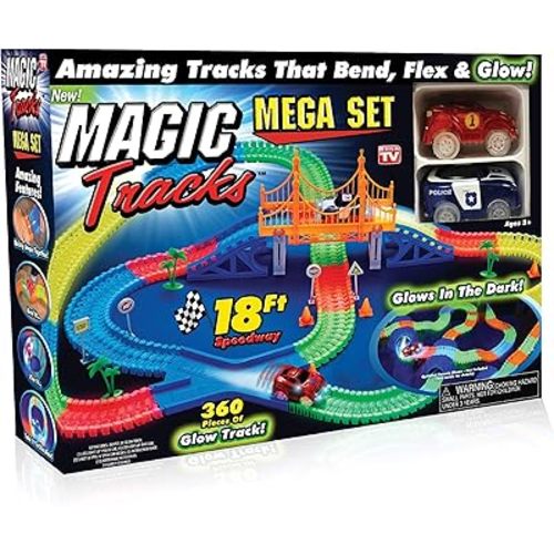 Ontel Magic Tracks Mega Set - 2 LED Race Cars and 18 ft. of Flexible, Bendable Glow in The Dark Racetrack - As Seen on TV