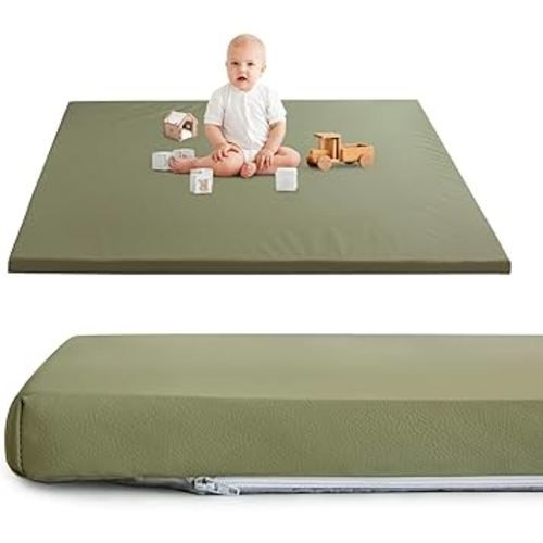HIGOGOGO Vegan Leather Baby Play Mat, 48 x 48 High-Density Foam Cushioned & Waterproof Playpen Mat, Just Wipe-Clean Crawling Mat for Babyplay on Floor, Green