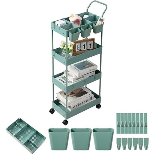 danpinera Slim Storage Cart on Wheels, 4 Tier Narrow Laundry Cart with Hooks Hanging Cups Dividers Mobile Rolling Lash Cart with Handle for Bathroom Small Spaces, Green