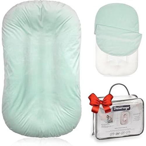 Baby Lounger - Snuggle Cozy Me Infant Lounger for Newborns | Flannel Cover, Breathable Soft, Portable Awake-Time Pad, Essential Baby Gift -Lake Green