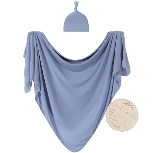 Large Jersey Knitted Swaddle Blanket for Baby, Soft Stretchy Receiving Blanket for Newborns with Hat, Baby Nursery Swaddle 47 x 47 inches(Steel Blue)
