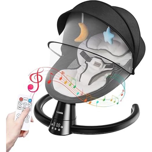 Baby Swing for Infants, Portable Electric Baby Rocker Bluetooth Support with 5 Swing Speed 10 Lullabies, Remote Control/Touch Panel - Infant Swing for Indoor and Outdoor Use, Black