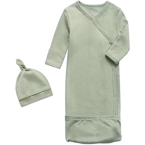 O2 BABY 100% Organic Cotton Baby Kimono Gown with Mittens & Fold-Over Pouch, Unisex Long Sleeve Newborn Sleeping Bag