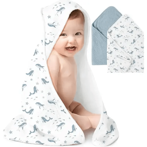 Konssy 2-Pack Muslin Hooded Baby Towels, 100% Cotton, Ultra-Soft & Absorbent Baby Bath Towels with Hood for Newborn & Infant (Blue, Blue Whale, 30'' x 30'')