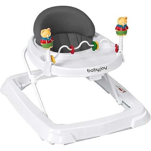 BABY JOY Baby Walker, Foldable Activity Walker Helper with Adjustable Height, Baby Activity Walker with High Back Padded Seat & Bear Toys, Gray