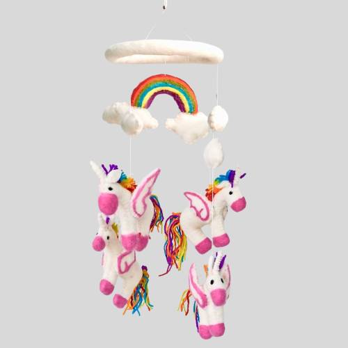Unicorn Rainbow Mobile for Nursery - Handmade in Nepal Natural Wool Felt