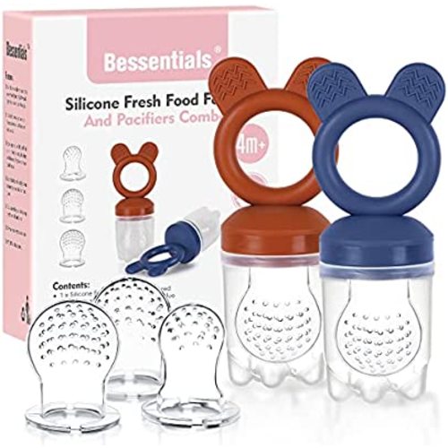 Baby Fruit Food Feeder Pacifier - 2 Packs Silicone Fresh Fruit Feeder BPA Free [3 Sizes Silicone Food Pouches Included] (Dark Red & Navy Blue)