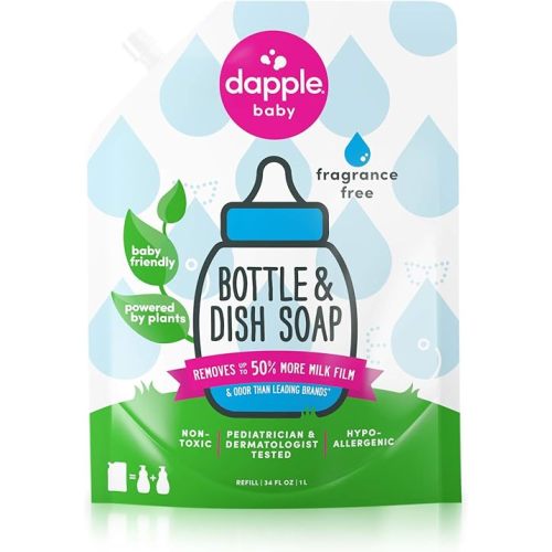 Dapple Baby - Bottle & Dish Soap Eco Refill, Plant Based Bottle Cleaner, Baby Safe Liquid Dish Soap, Fragrance Free Scented - 1 l (Pack of 1)