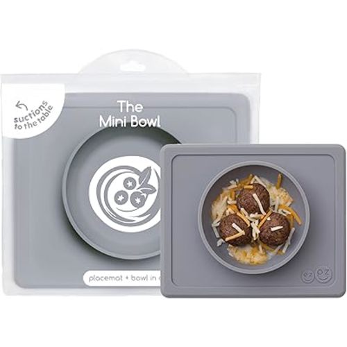 ezpz Mini Bowl for 12 Months+ (Gray) - 100% Silicone Suction Bowl with Built-in Placemat for Toddlers - Comes with a Reusable Travel Bag