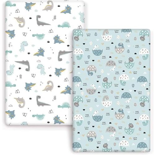 GRSSDER Stretchy Ultra Soft Jersey Knit Fitted Pack n Play Sheets Set 2 Pack, Portable/Mini Crib Sheets for Boys, Universal Fit for Pack N Plays Safe and Snug, Happy Dinosaurs for Baby