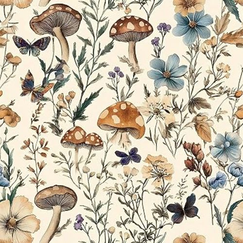 Mushroom Wallpaper Peel and Stick Vintage Floral Contact Paper 16.9" x 118.1" Boho Self Adhesive Removable Wallpaper Mushroom Forest Decorative Contact Paper for Bathroom Cabinets Vinyl