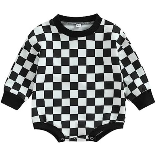 Karuedoo Baby Boy Girl Checkered Sweatshirt Romper Oversized Long Sleeve Bubble Romper Top Neutral Baby Fall Clothes