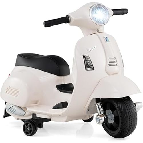 Licensed Vespa Scooter Kids Motorcycle by OLAKIDS, 6V Ride on Electric Motorcycle with Training Wheels, Headlight, Battery Powered 3 Wheels Toy Gift with LED Headlight Horn for Boys Girls (White)