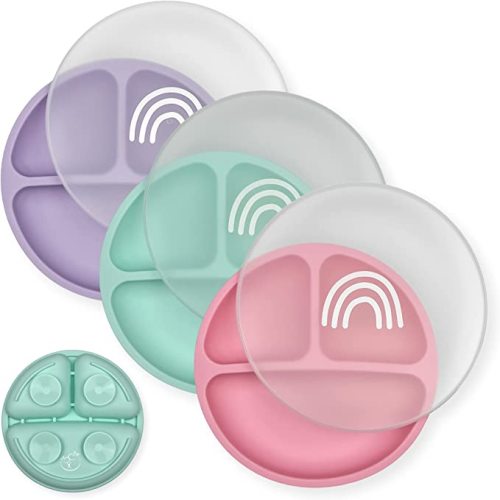 Hippypotamus Toddler Plates with Suction - 100% Food-Grade Silicone Baby Plates with Lids - Microwave & Dishwasher Safe - BPA Free - Set of 3 (Pink/Mint/Lavender with LIDS)