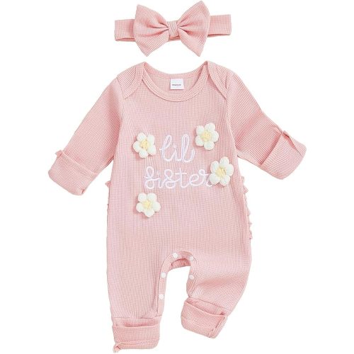 allshope Infant Baby Girl Fall Outfit Sweatshirt Romper Little Sister Lil Sis Long Sleeve Jumpsuit Newborn Clothes