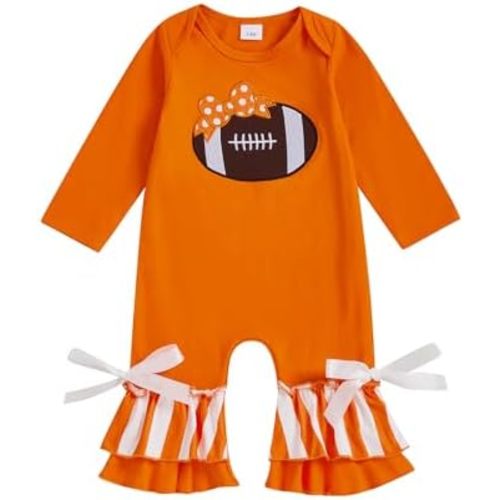 Baby Girl Football Outfit Newborn One Piece Jumpsuit Bow Ruffle Onesie Infant Fall Winter Romper Cute Clothes