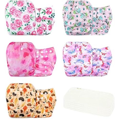 wegreeco Cloth Diapers 5 Pack with 5 Inserts, Washable Cloth Diapers for Babies, One Size Adjustable Reusable Diapers Baby (Pink Girly)