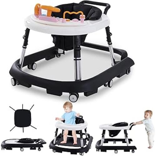 Baby Walker Foldable with Music and Lights,Portable Baby Walker with Wheels,9 Adjustable Heights,Removable Tray&Footrest, Speed Adjustable,Infant Toddler Walker for Baby Boy Girls 6-18 Months (Black)
