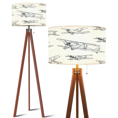 Wood Tripod Floor Lamp Vintage Airplanes Doodles Seamless Mid Century Standing Lamp Linen Shade Dimmable Modern Tall lamp Home Decor for Living Room Bedroom Office