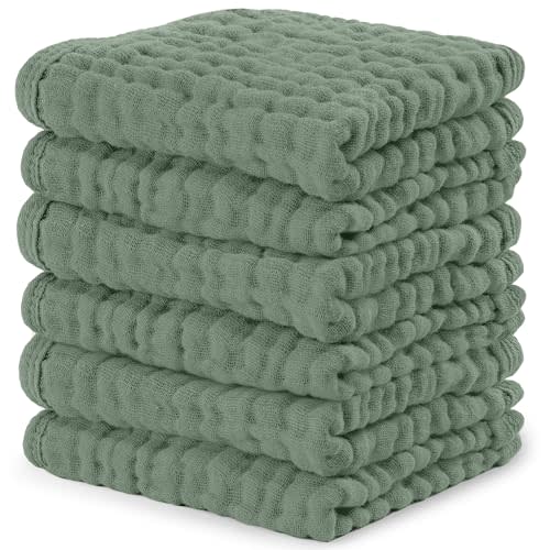 Comfy Cubs Muslin Baby Washcloths 6 Pack - Soft 6-Layer Cotton Wash Cloths for Sensitive Skin - 10"x10" Large, Gentle, Absorbent Infant Essentials for Newborn and Toddlers - Fern