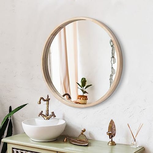 LYYYXGYP Round Wood Mirror 24 Inch Farmhouse Wall Mirror Wooden - Natural Wood - 24''*24''
